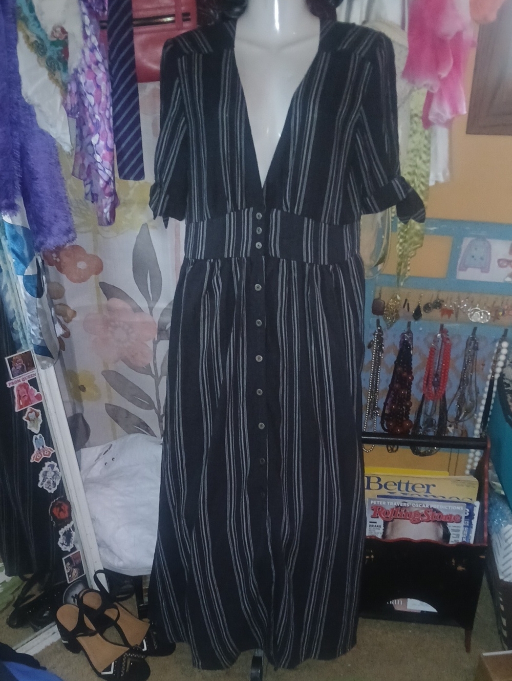 Lira Black and White Striped Button-Front Maxi Dress Large